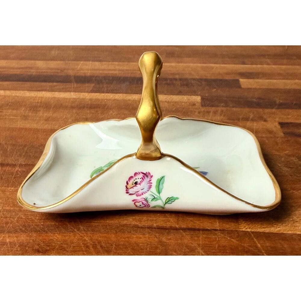 Vintage Limoges Castel Porcelain Basket Dish: Bird Floral Gold Gilt Handle - Picture 10 of 15